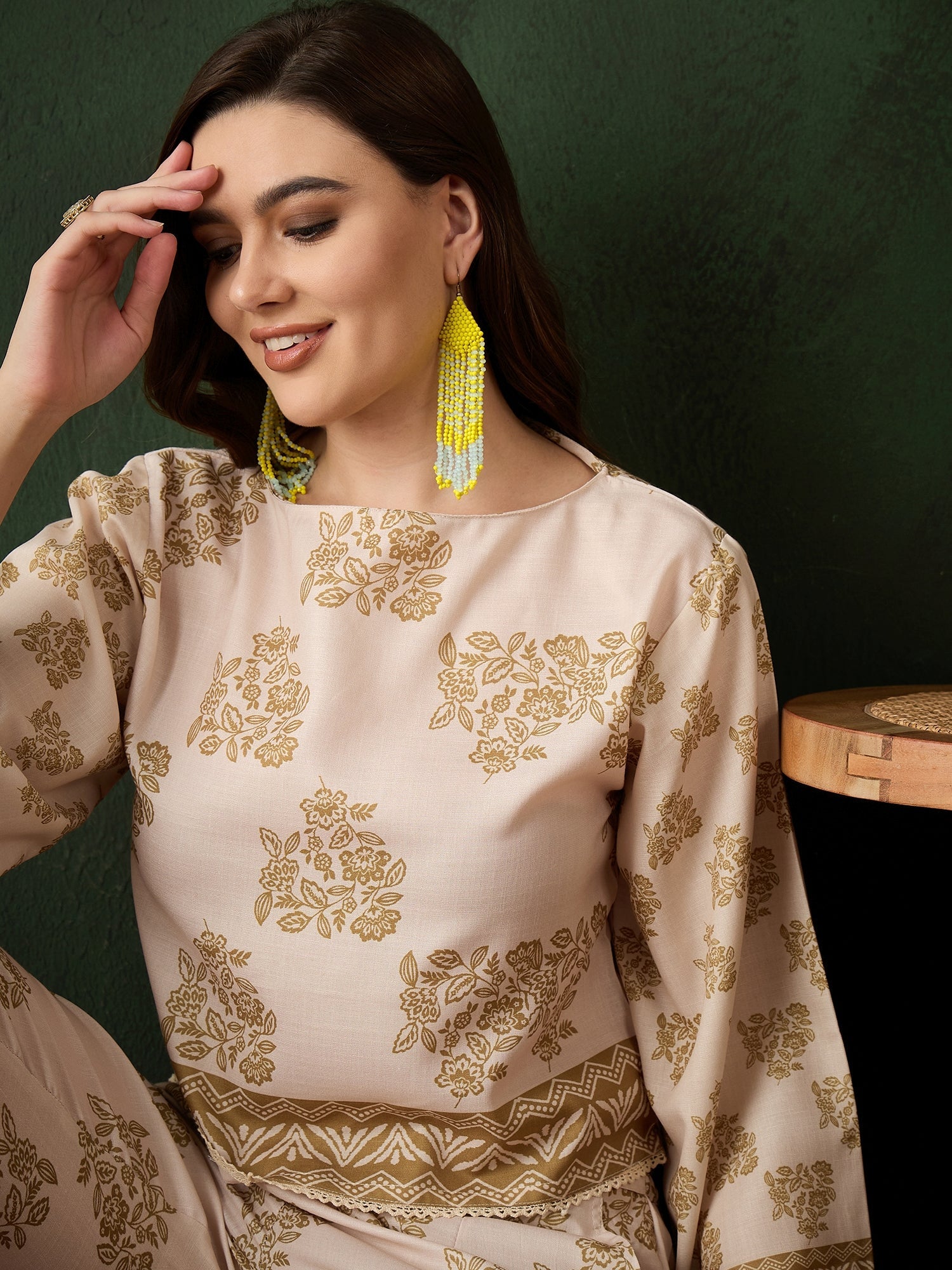 Cream Floral Print Co-Ord Set - Elganza