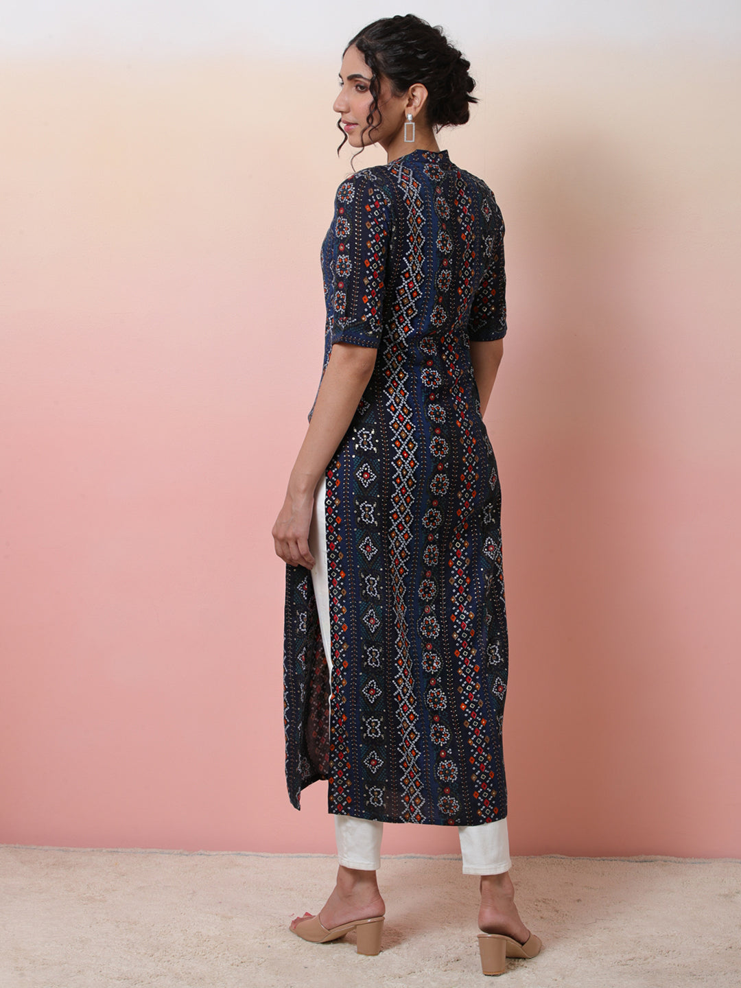 Navy Blue Gold Printed Button Down Kurta - Elganza