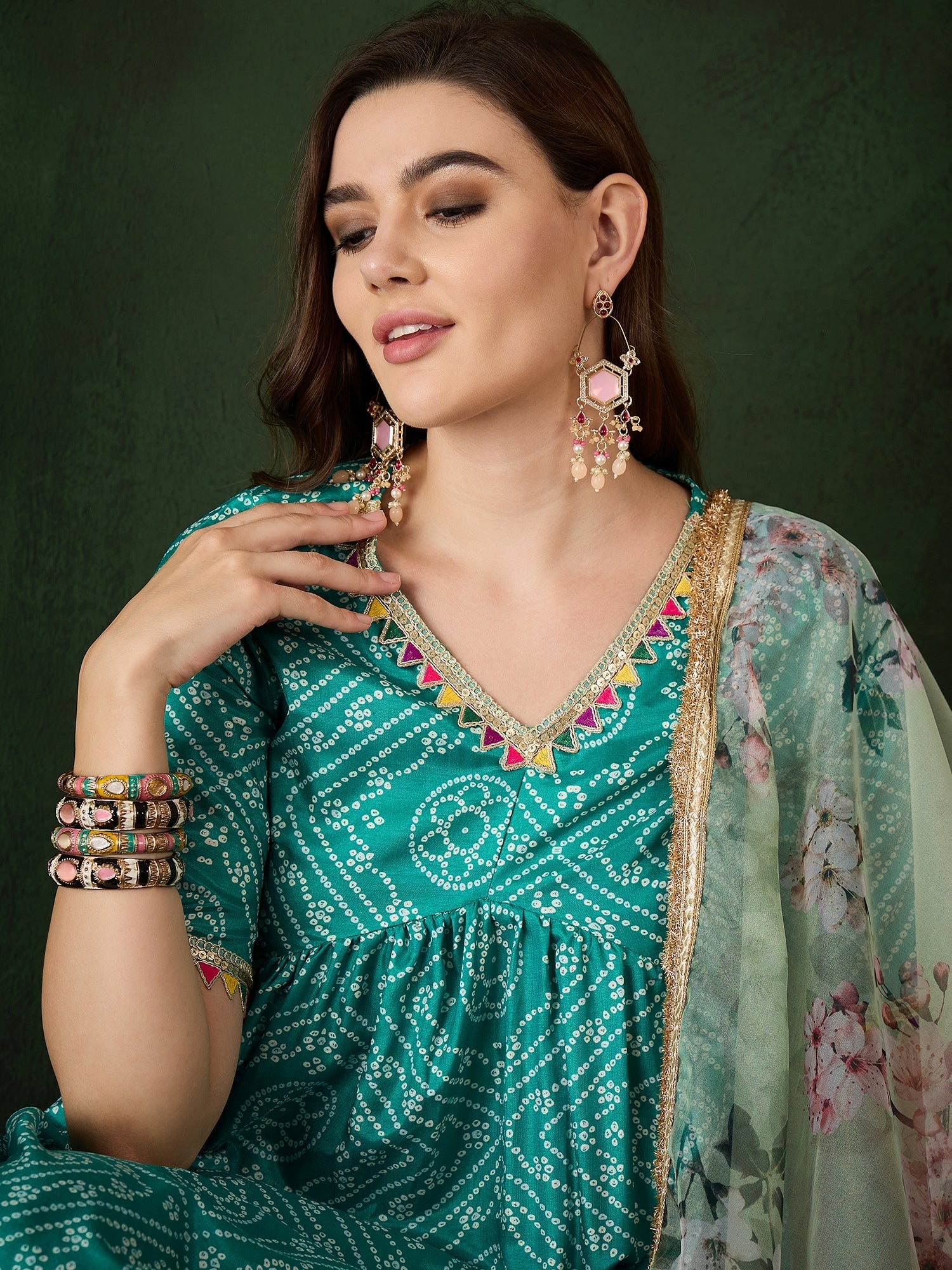 Green Bandhani Print Kurta Sharara With Dupatta - Elganza