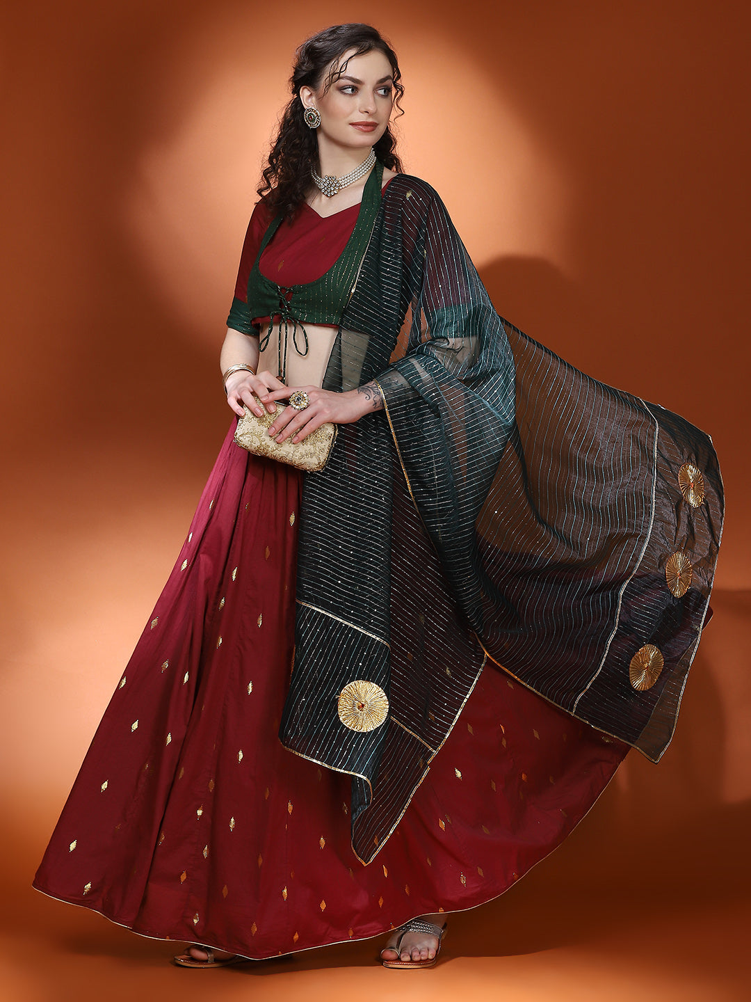 Maroon Woven Designed Lehenga Choli With Dupatta - Elganza