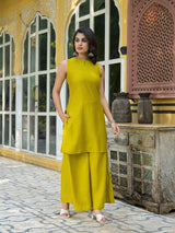Mustard Sleevessless Kurta Sharara With Organza Sequinned Dupatta - Elganza