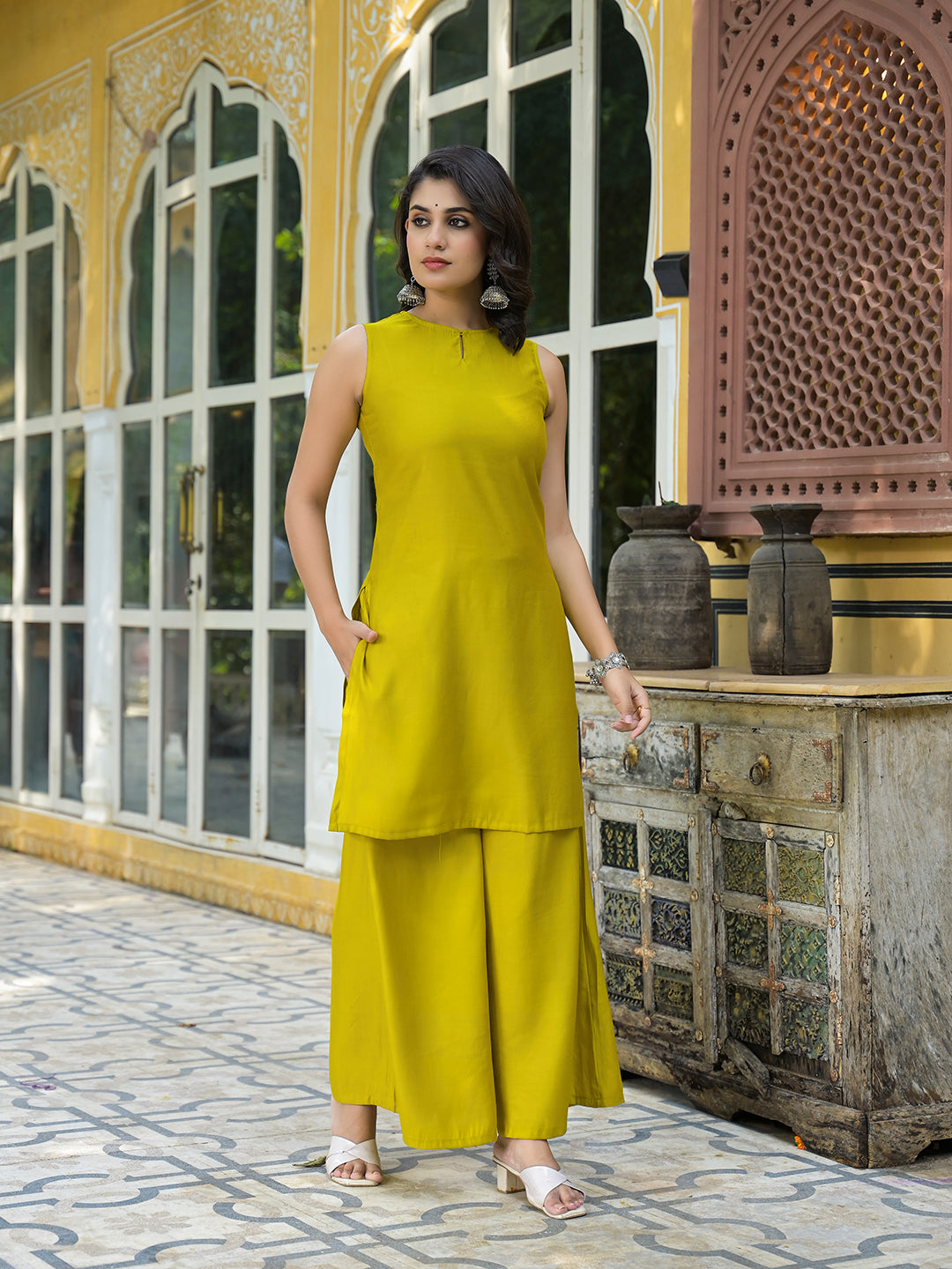 Mustard Sleevessless Kurta Sharara With Organza Sequinned Dupatta - Elganza