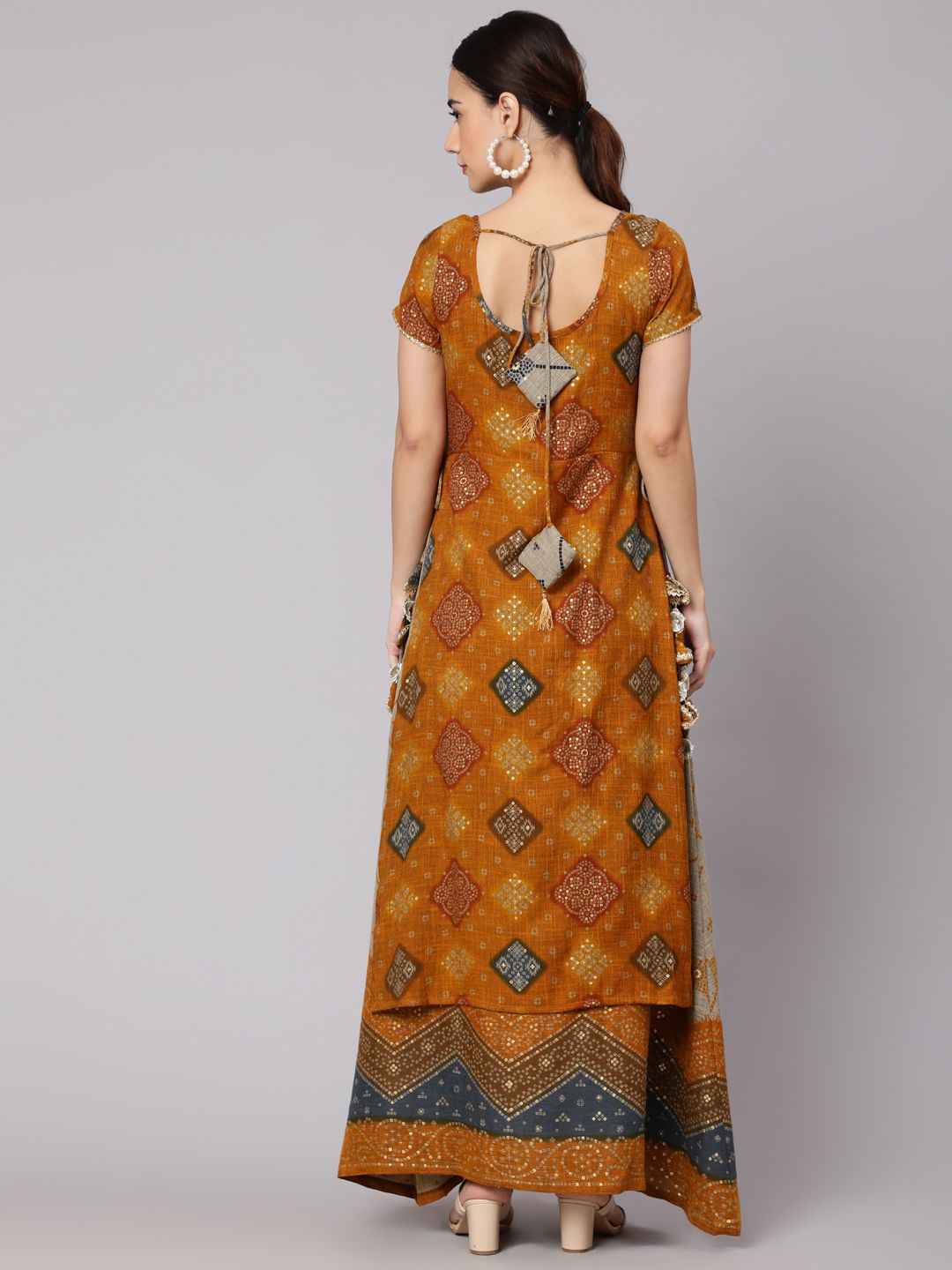 Mustard Bandhani Print Layered Maxi Dress - Elganza