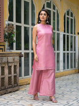 Blush Pink Sleevessless Kurta Sharara With Organza Sequinned Dupatta - Elganza