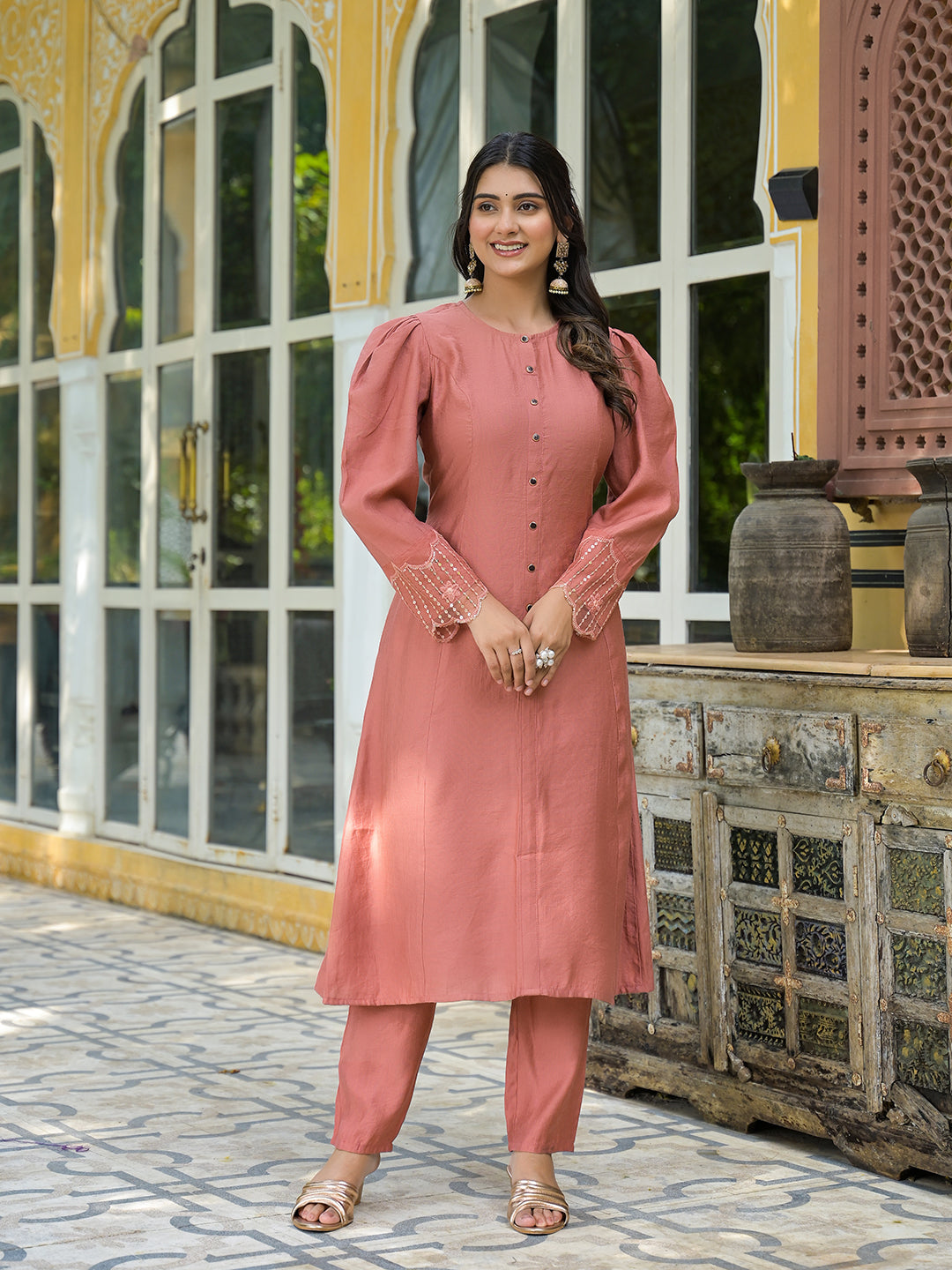 Brick Red A-Line Kurta Set With Dupatta - Elganza