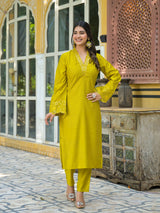 Lime Green Embroidered Pakistani Kurta Set With Embroidered Dupatta - Elganza