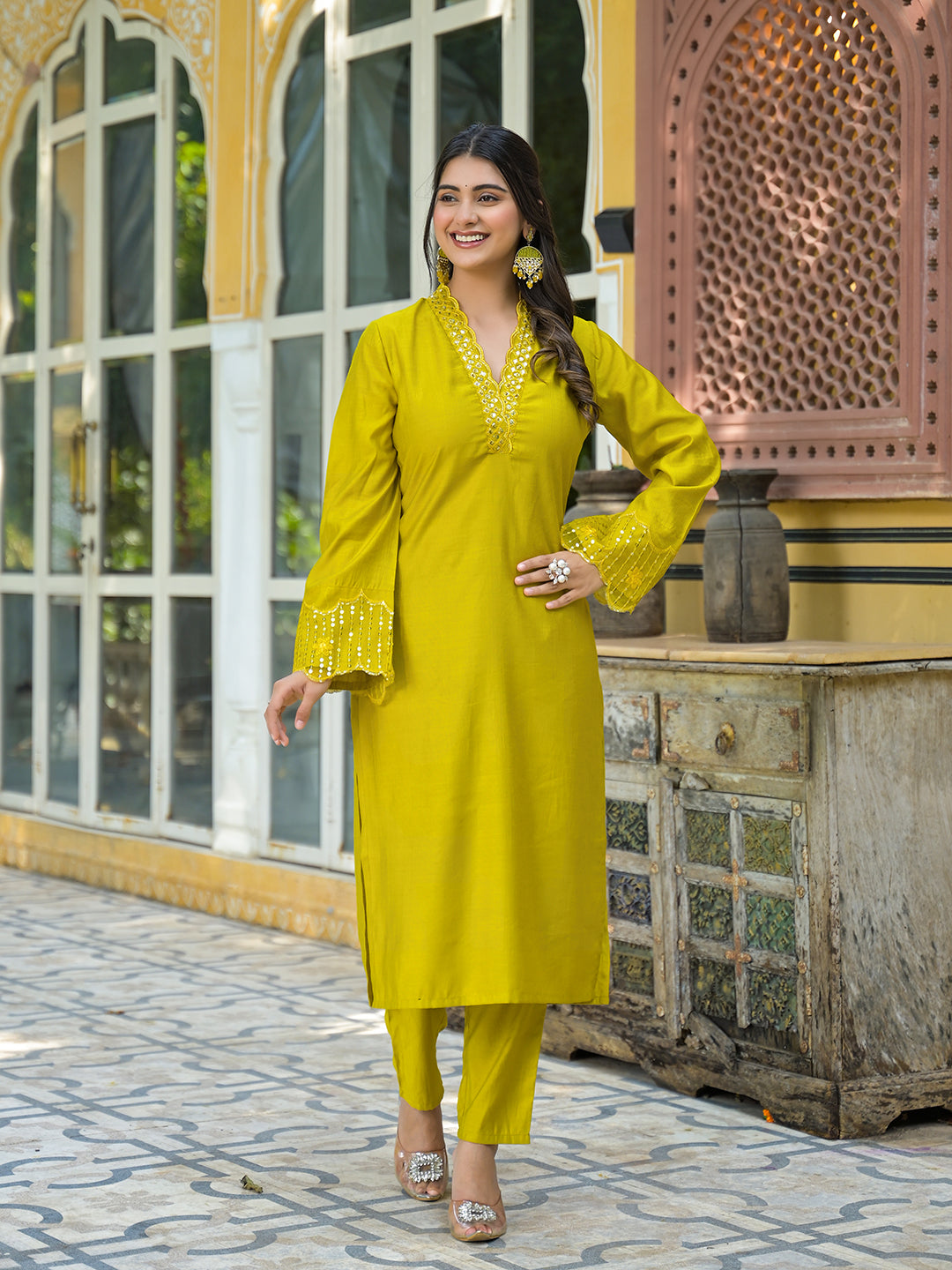 Lime Green Embroidered Pakistani Kurta Set With Embroidered Dupatta - Elganza