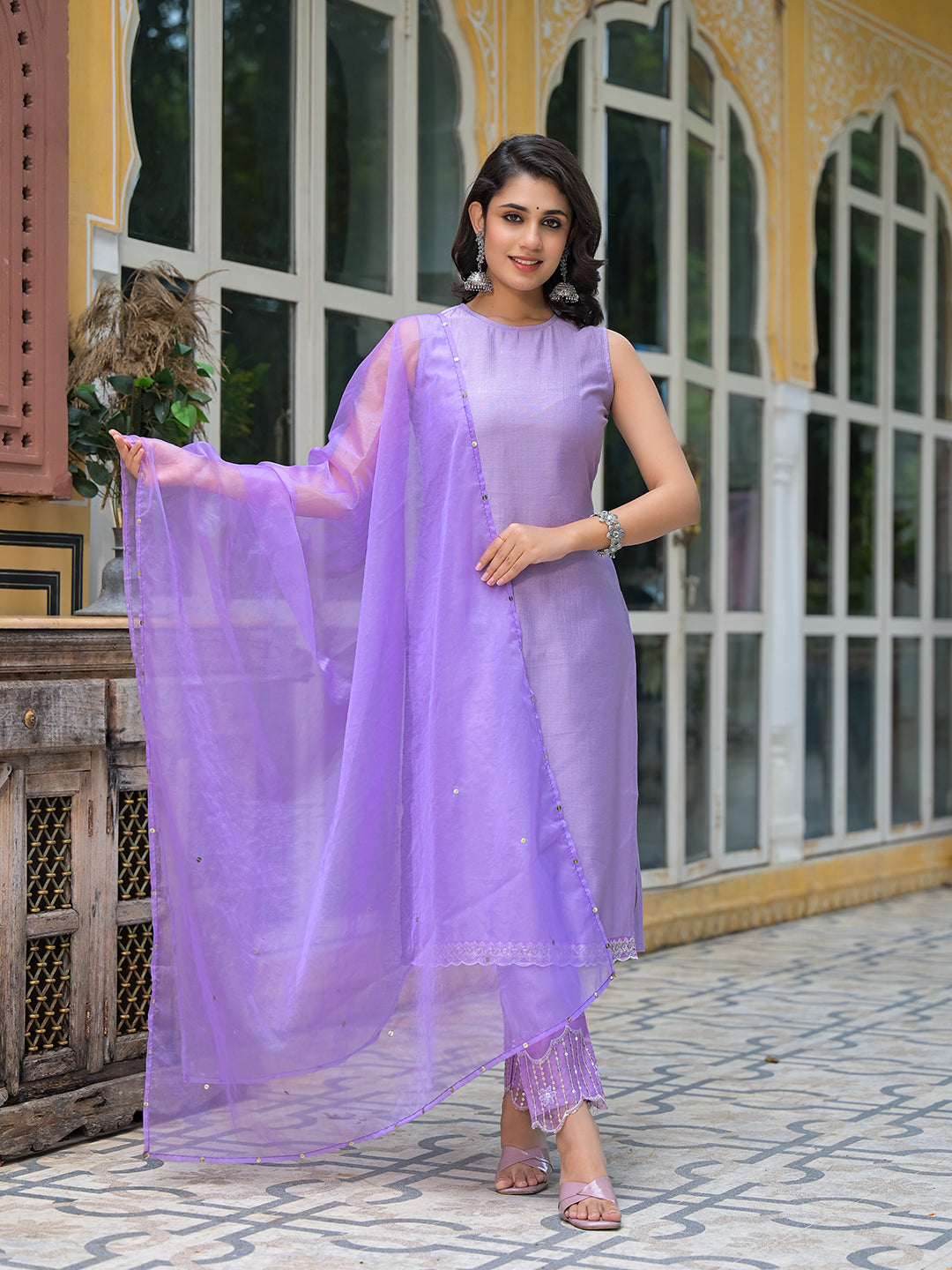 Lavender Sleevessless Kurta Sharara With Organza Sequinned Dupatta - Elganza