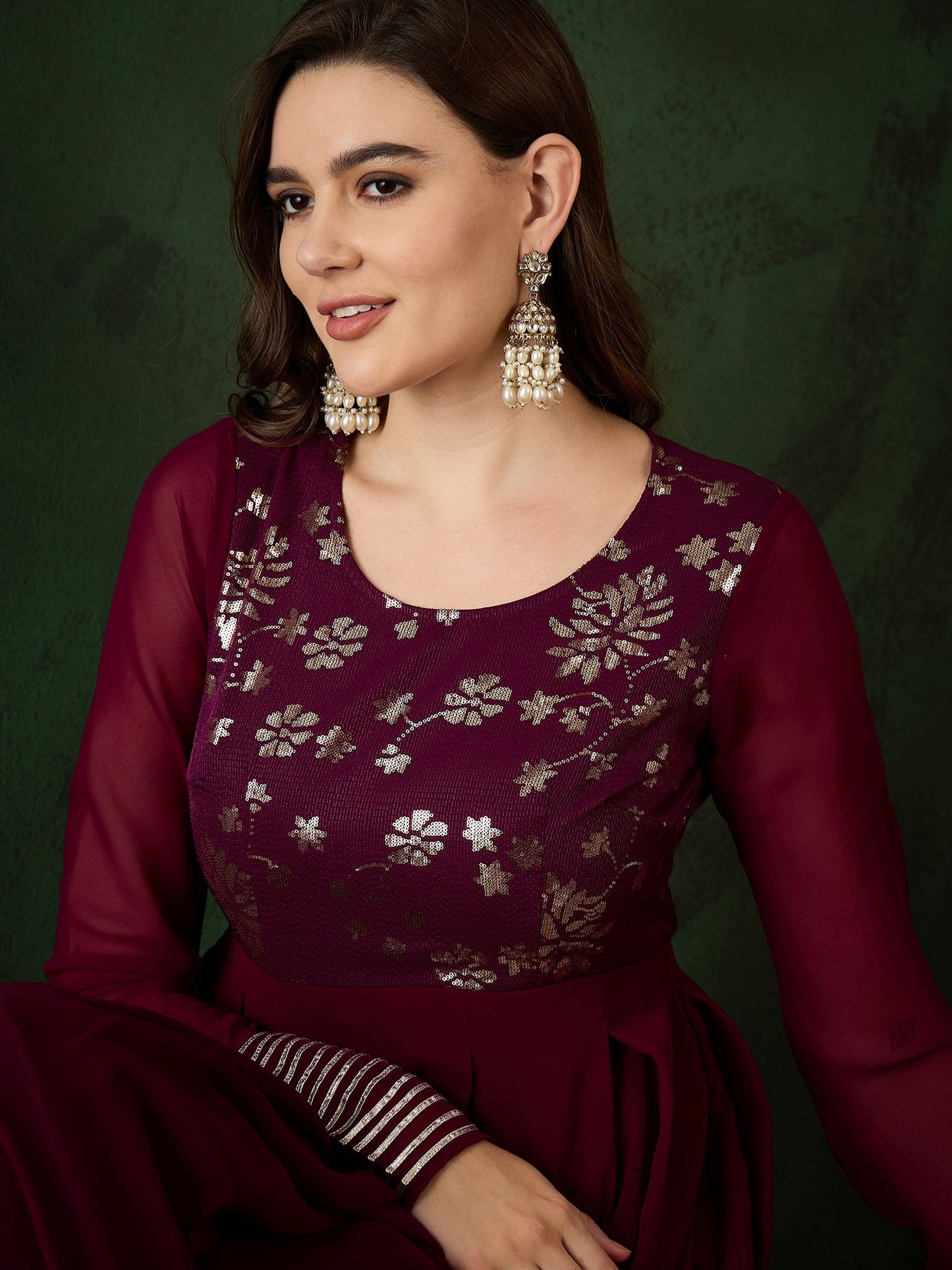 Burgundy Sequence Work Flared Maxi Dress - Elganza