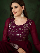 Burgundy Sequence Work Flared Maxi Dress - Elganza