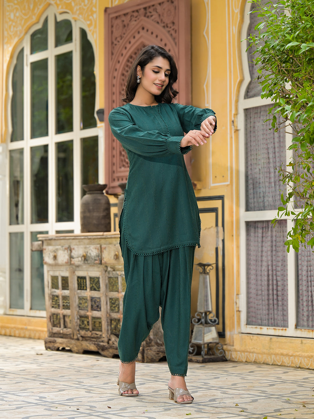 Elemerald Green Dobby Pakistani Kurta Salwar - Elganza
