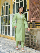 Mint Green Embroidered Pakistani Kurta Set With Embroidered Dupatta - Elganza
