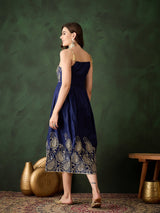 Navy Blue Embroidered Flared Maxi Dress - Elganza