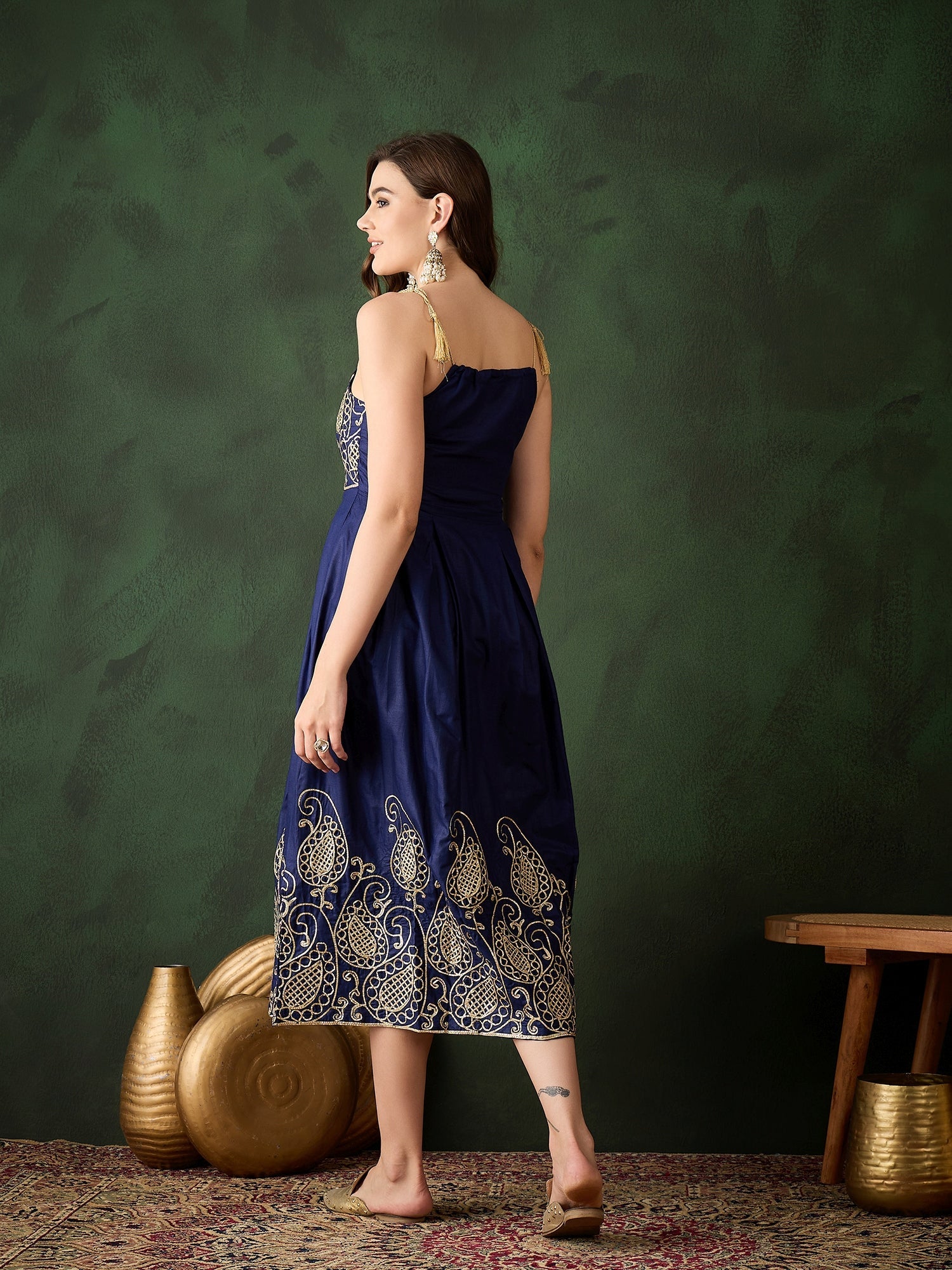 Navy Blue Embroidered Flared Maxi Dress - Elganza