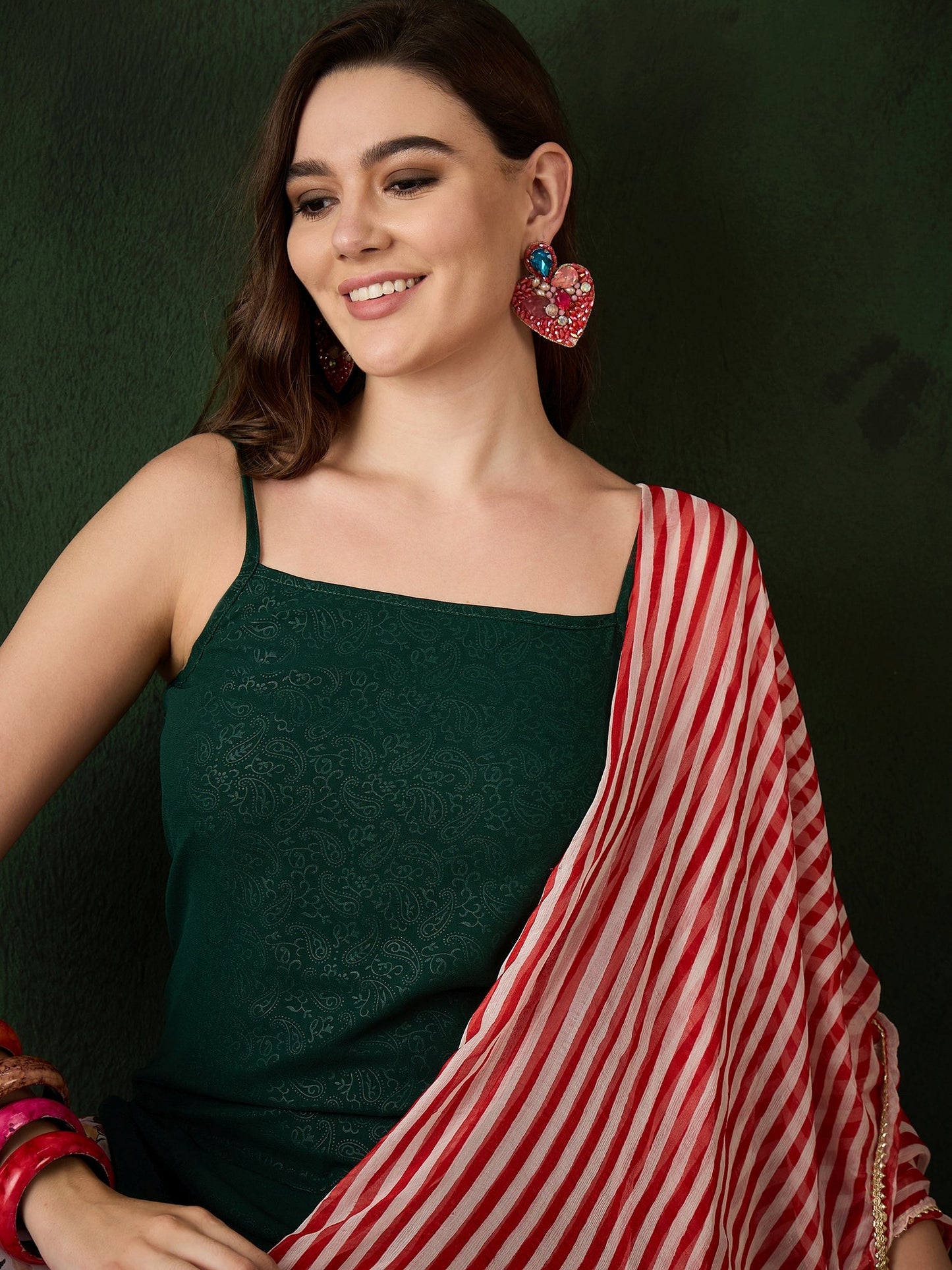 Green Kurta With Floral Print Palazzo & Dupatta - Elganza
