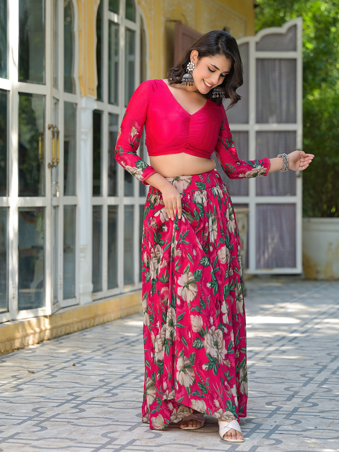 Magenta Floral Print Chinnon Lehenga Choli - Elganza