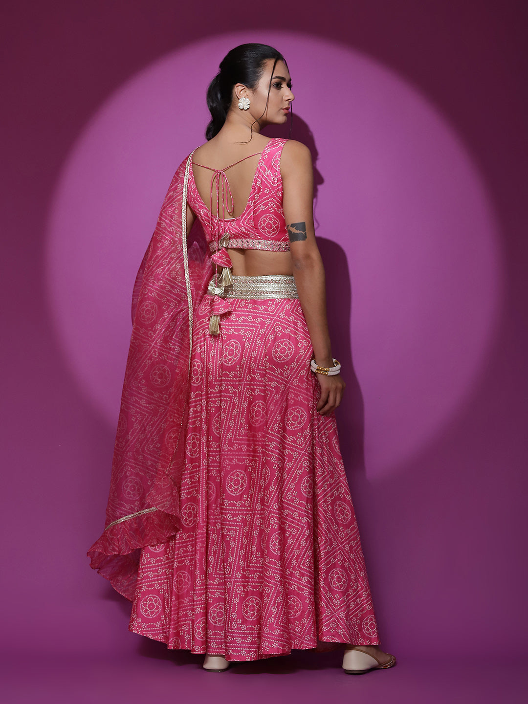 Pink Embroidered Bandhani Print Lehenga Choli With Dupatta - Elganza