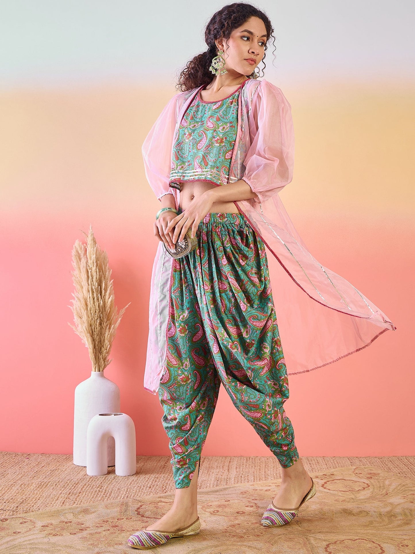 Light Blue Floral Print Dhoti Co-Ord Set With Jacket - Elganza