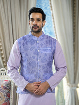 Lilac Color Floral print nehru jacket set - Elganza
