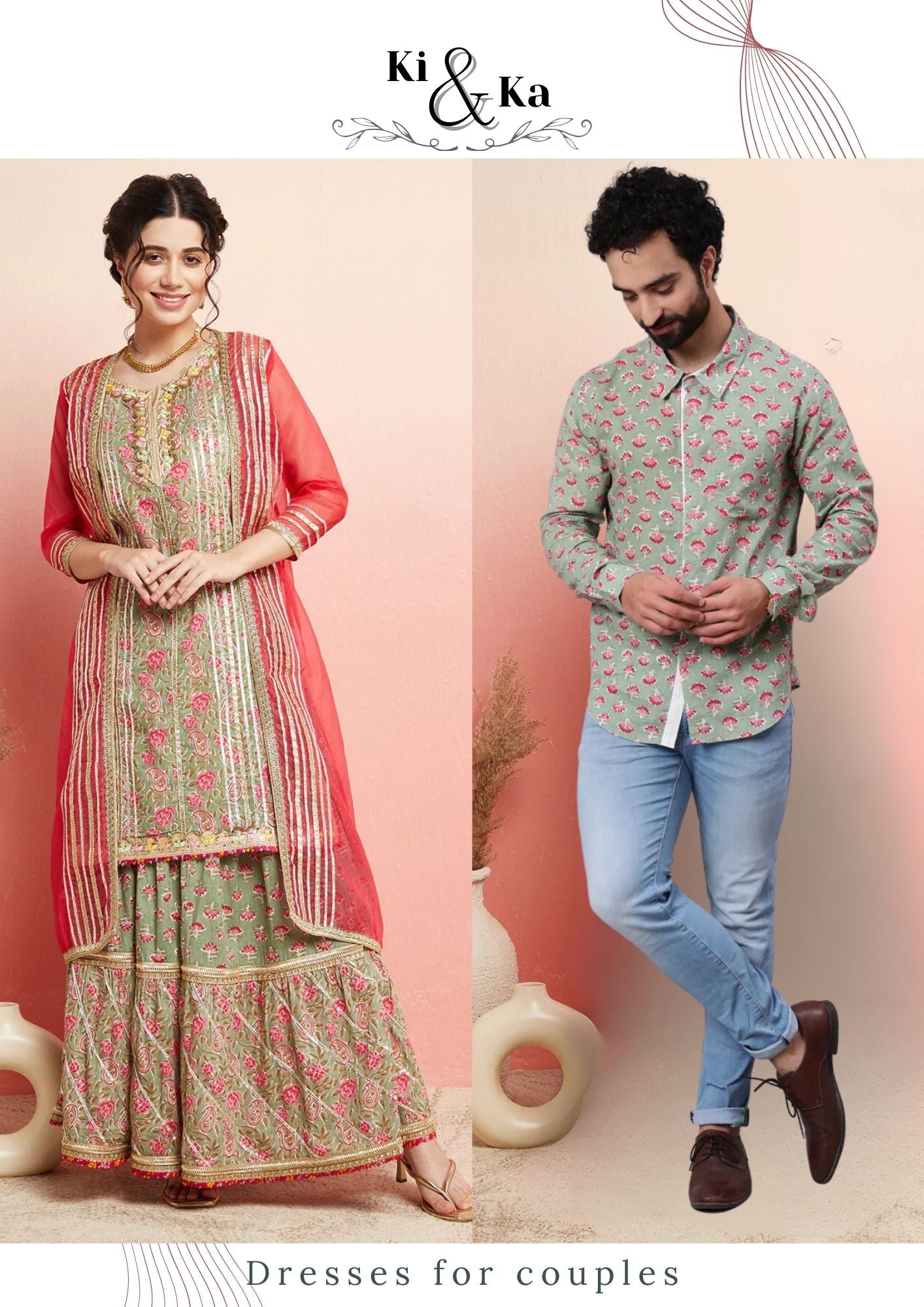 Green Floral Print Couple Combo - Elganza