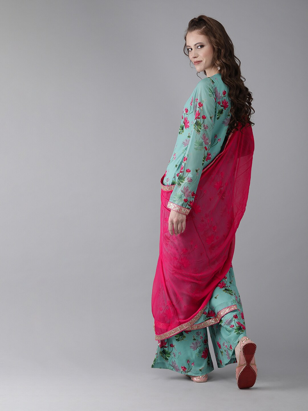 Turquoise Blue Floral Print Kurta Palazzo With Dupatta - Elganza