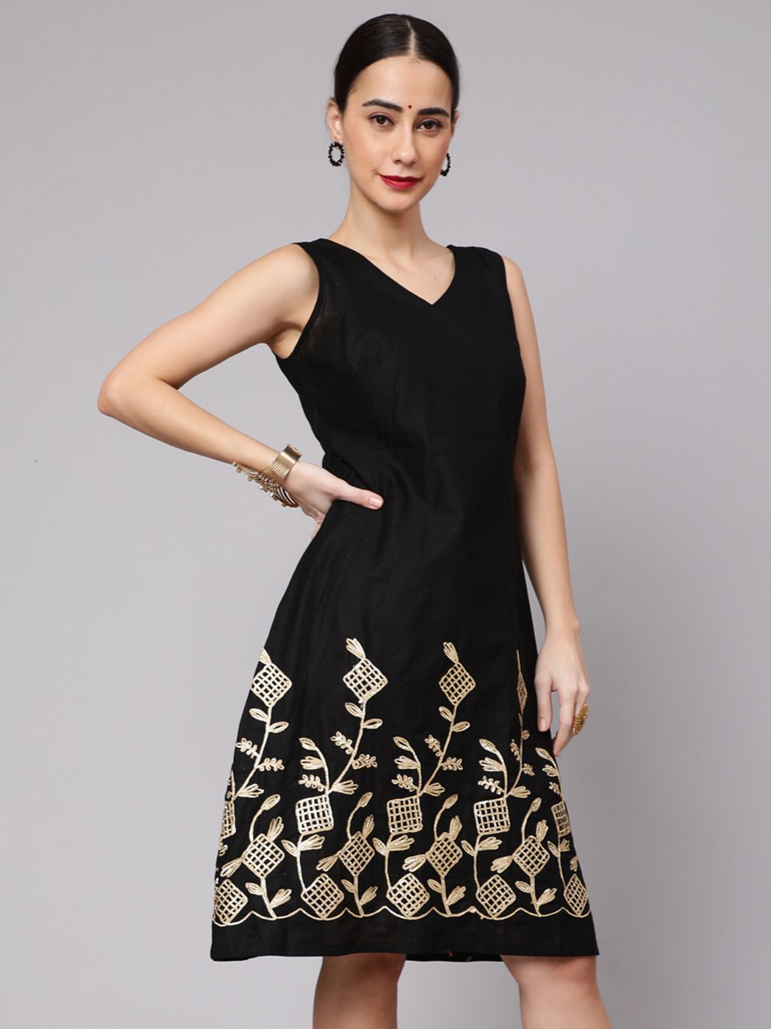 Black Midi Dress with Gota Embroidery - Elganza