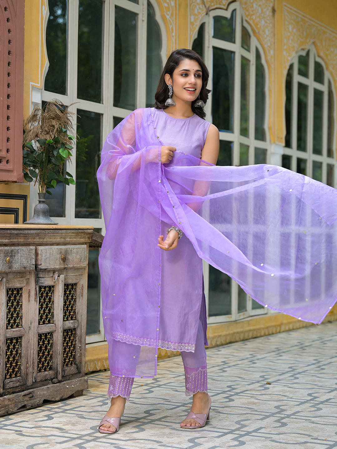 Lavender Sleevessless Kurta Sharara With Organza Sequinned Dupatta - Elganza