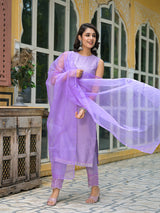 Lavender Sleevessless Kurta Sharara With Organza Sequinned Dupatta - Elganza