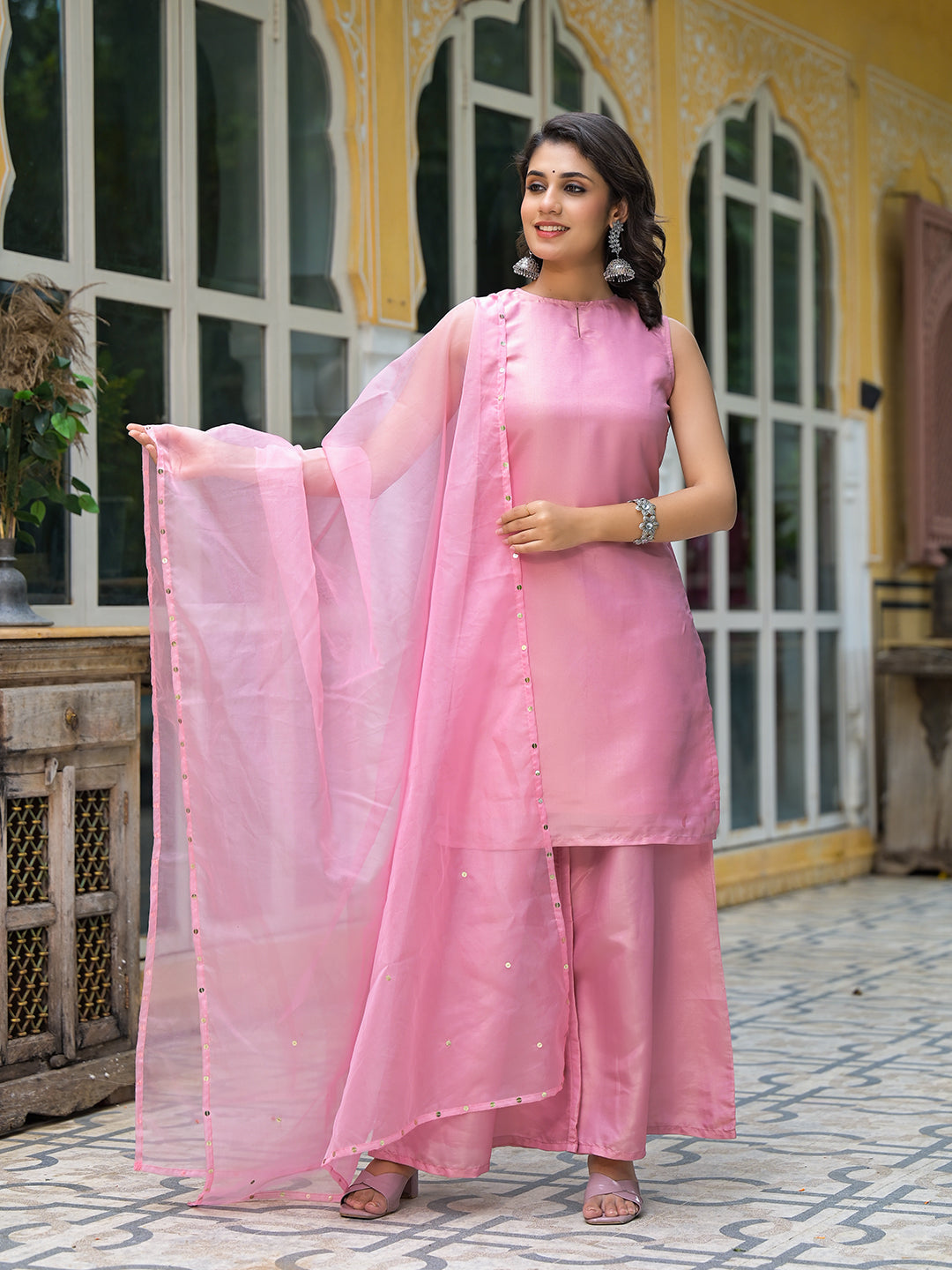 Blush Pink Sleevessless Kurta Sharara With Organza Sequinned Dupatta - Elganza