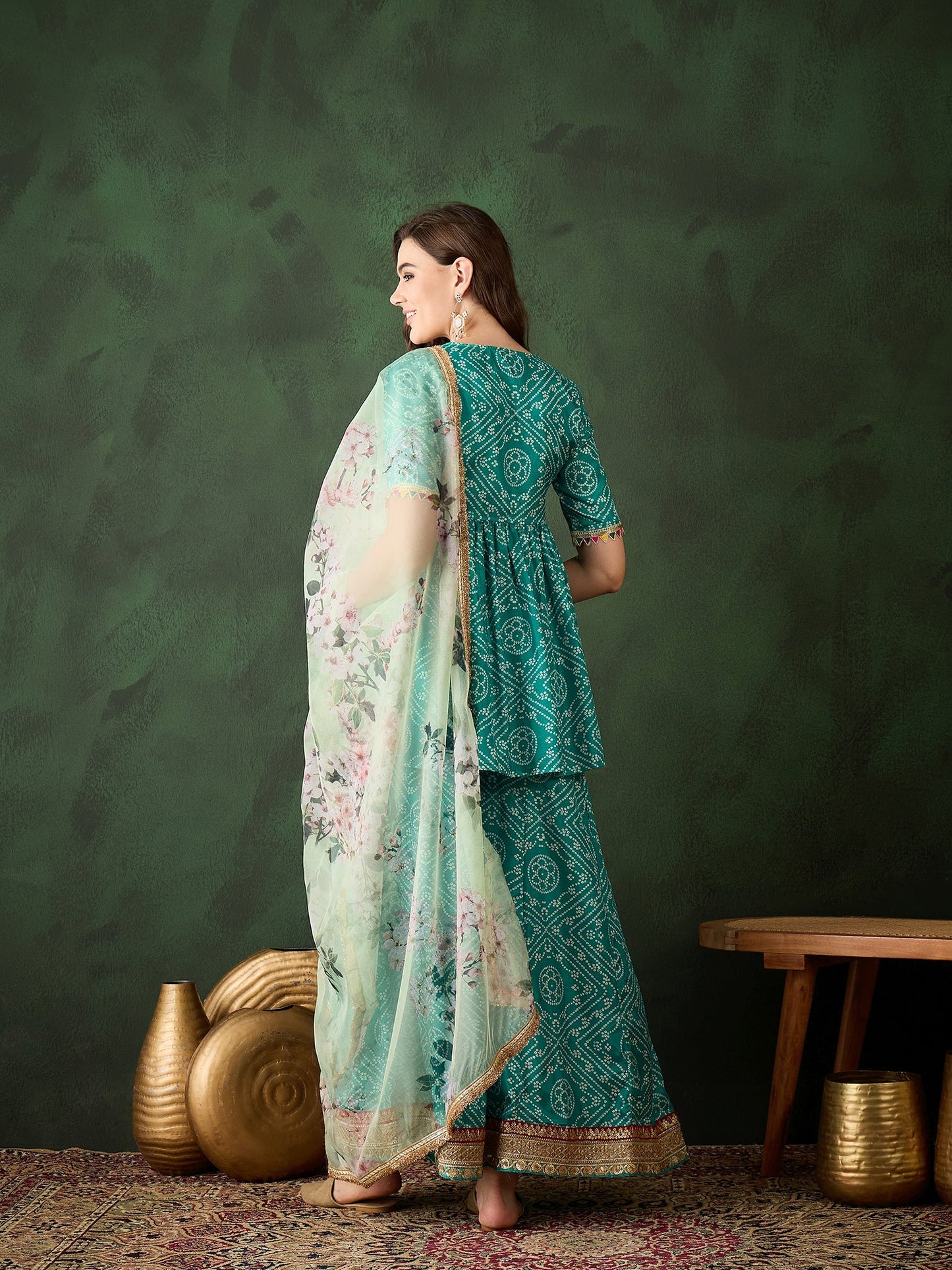 Green Bandhani Print Kurta Sharara With Dupatta - Elganza