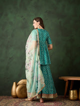 Green Bandhani Print Kurta Sharara With Dupatta - Elganza