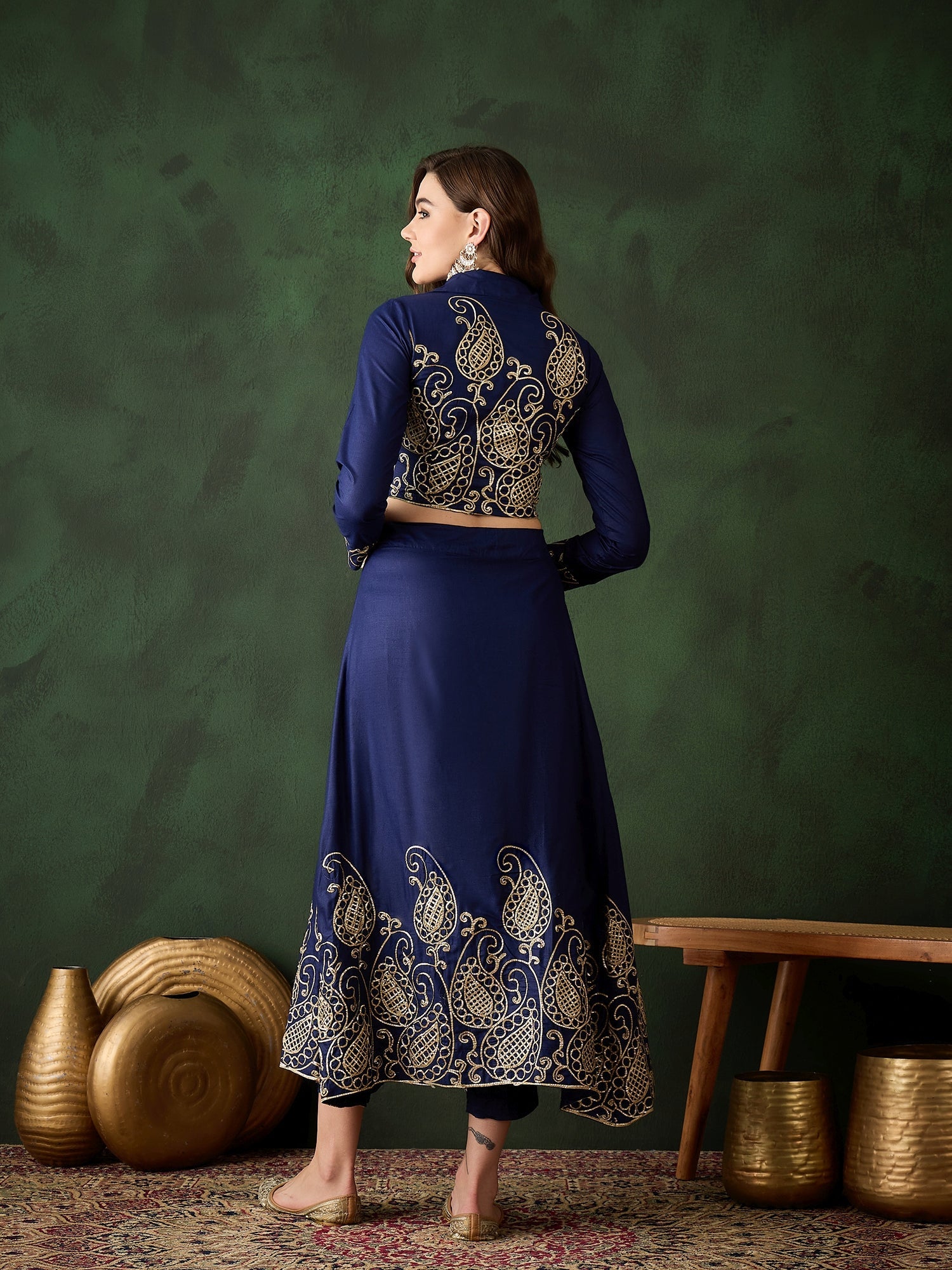 Navy Blue Embroidered Lehenga Choli Set - Elganza
