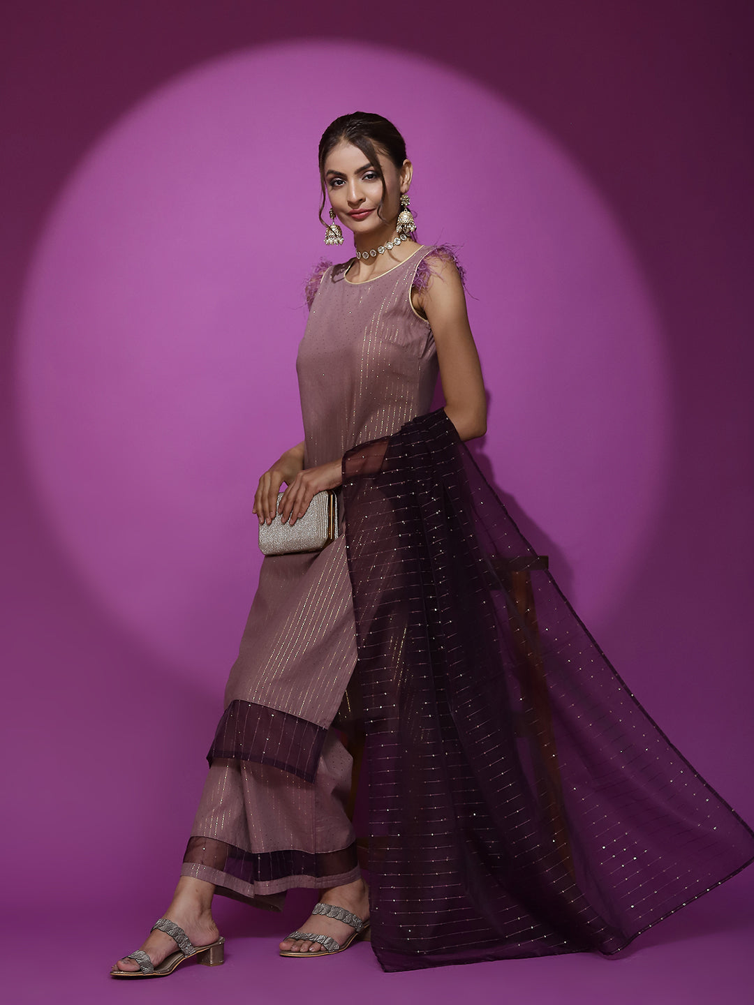 Brown Kurta Palazzo With Sequence Work Dupatta - Elganza