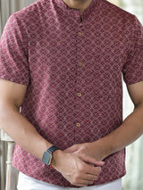 Maroon Woven Mandarin Collar Shirt - Elganza