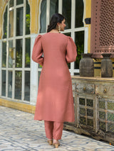 Brick Red A-Line Kurta Set With Dupatta - Elganza