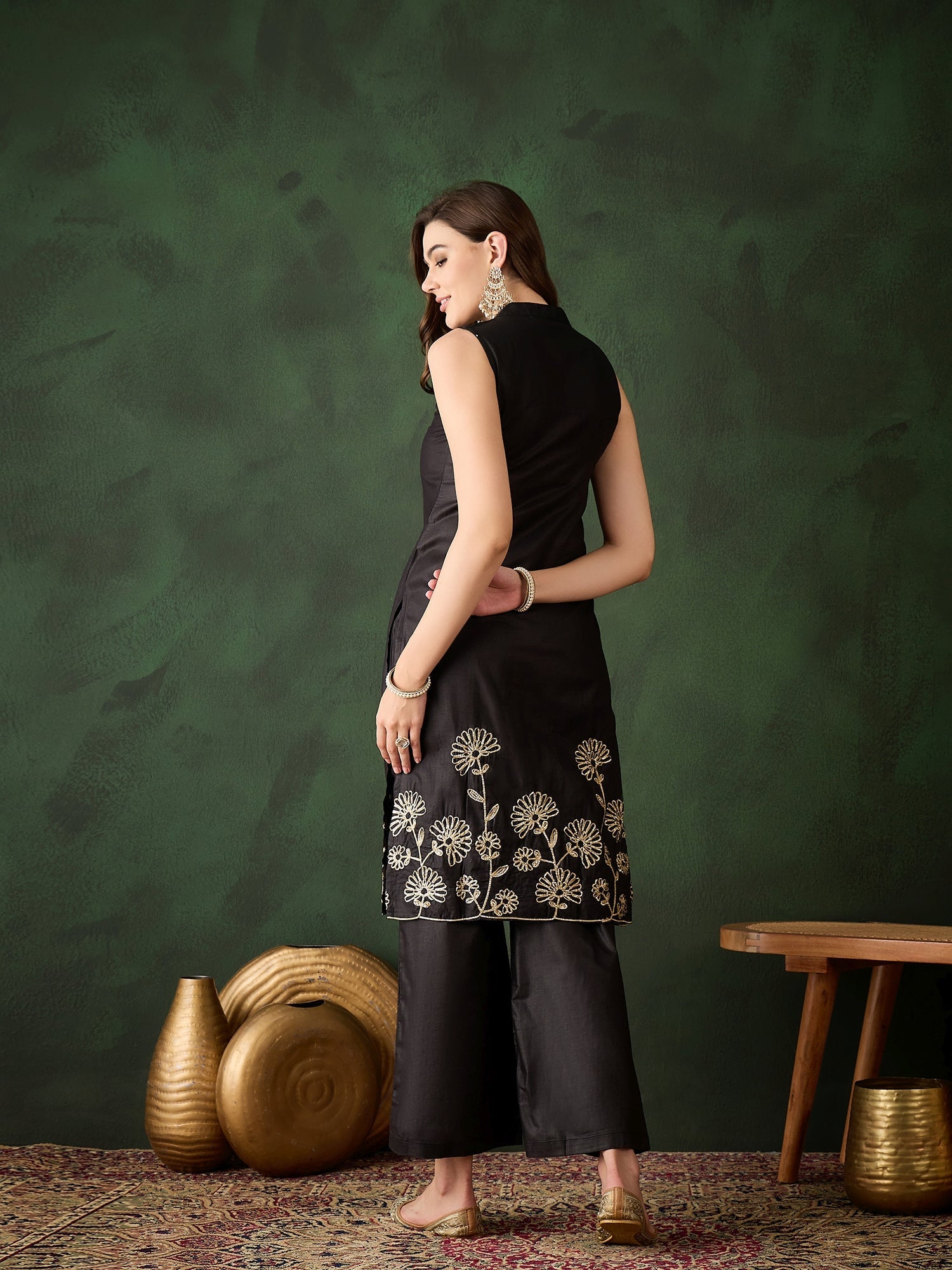 Black Embroidered Kurta With Palazzo - Elganza