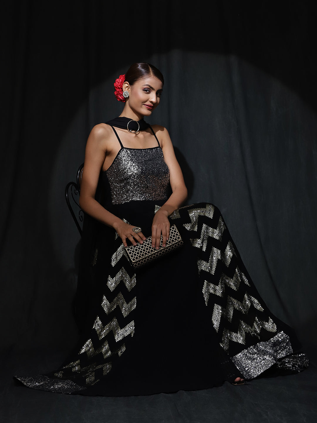 Black Sequin Pleated Maxi Dress - Elganza