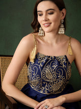 Navy Blue Embroidered Flared Maxi Dress - Elganza