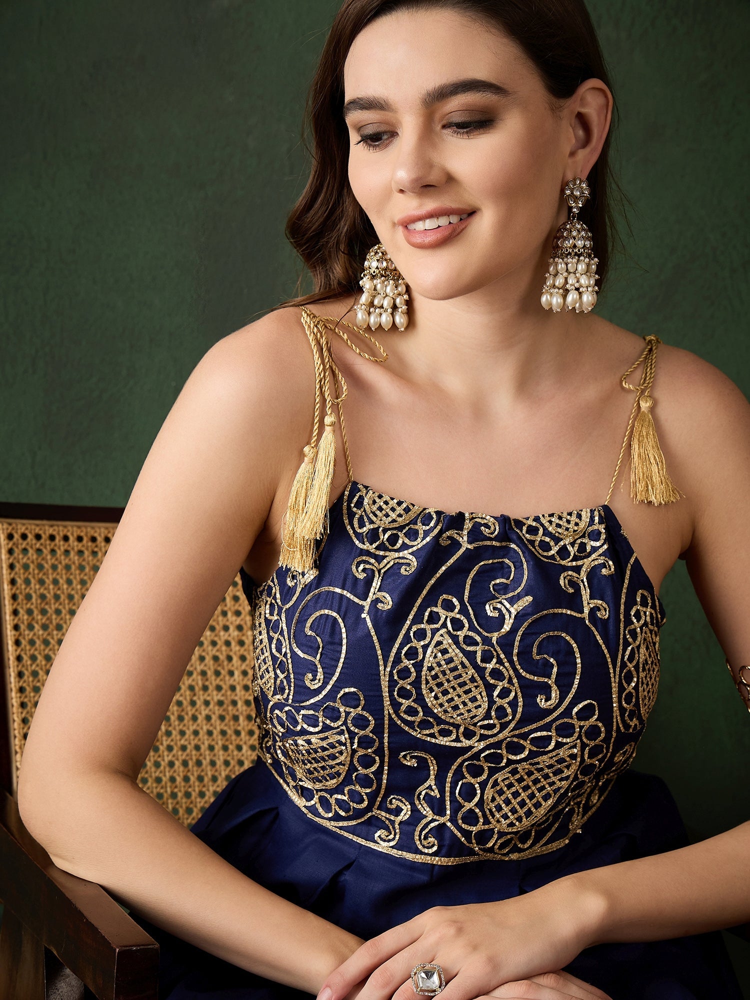 Navy Blue Embroidered Flared Maxi Dress - Elganza