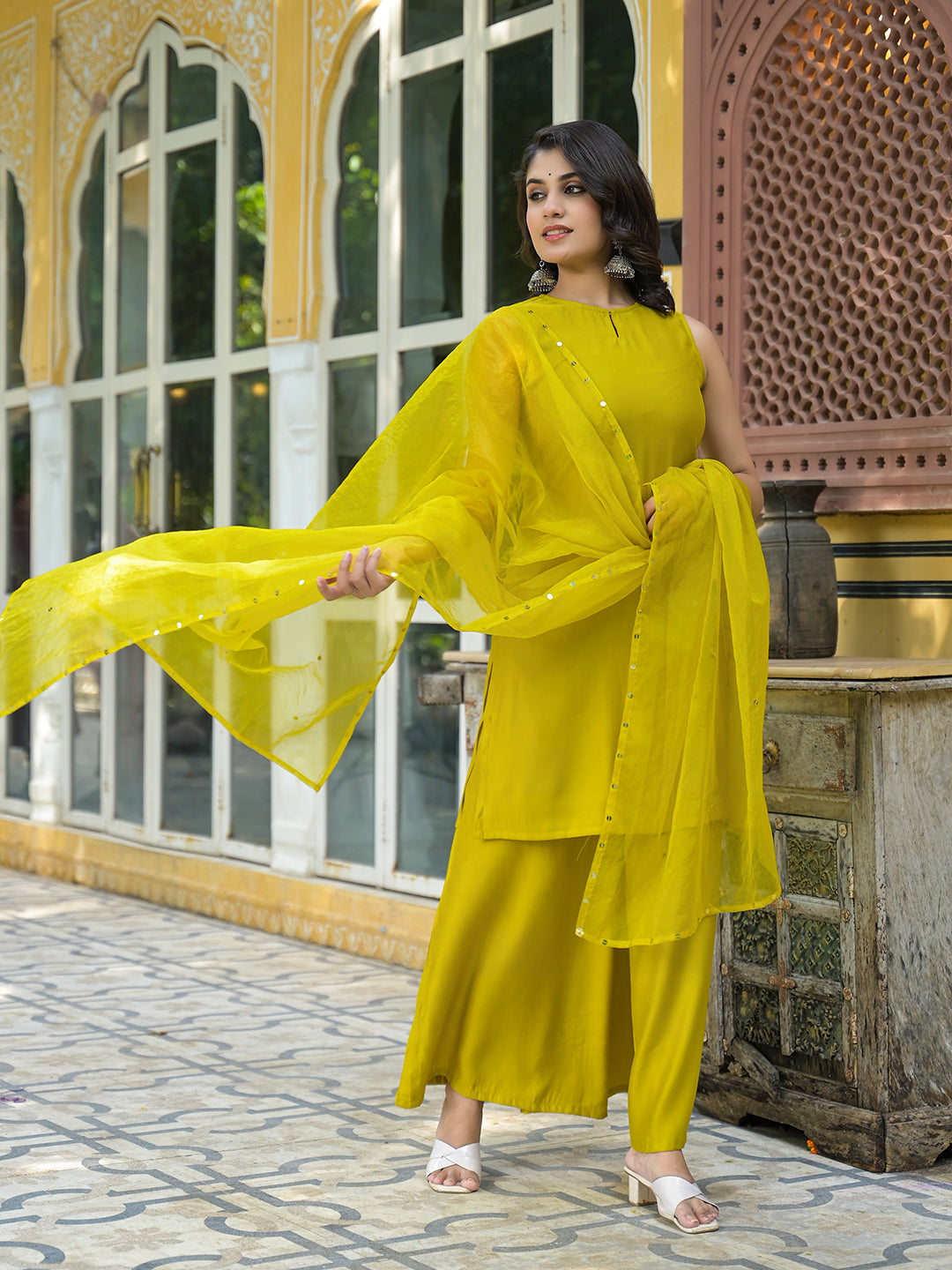Mustard Sleevessless Kurta Sharara With Organza Sequinned Dupatta - Elganza