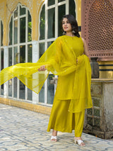 Mustard Sleevessless Kurta Sharara With Organza Sequinned Dupatta - Elganza