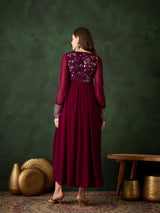 Burgundy Sequence Work Flared Maxi Dress - Elganza