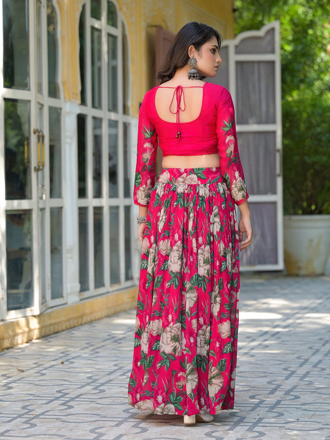 Magenta Floral Print Chinnon Lehenga Choli - Elganza