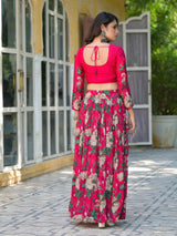 Magenta Floral Print Chinnon Lehenga Choli - Elganza