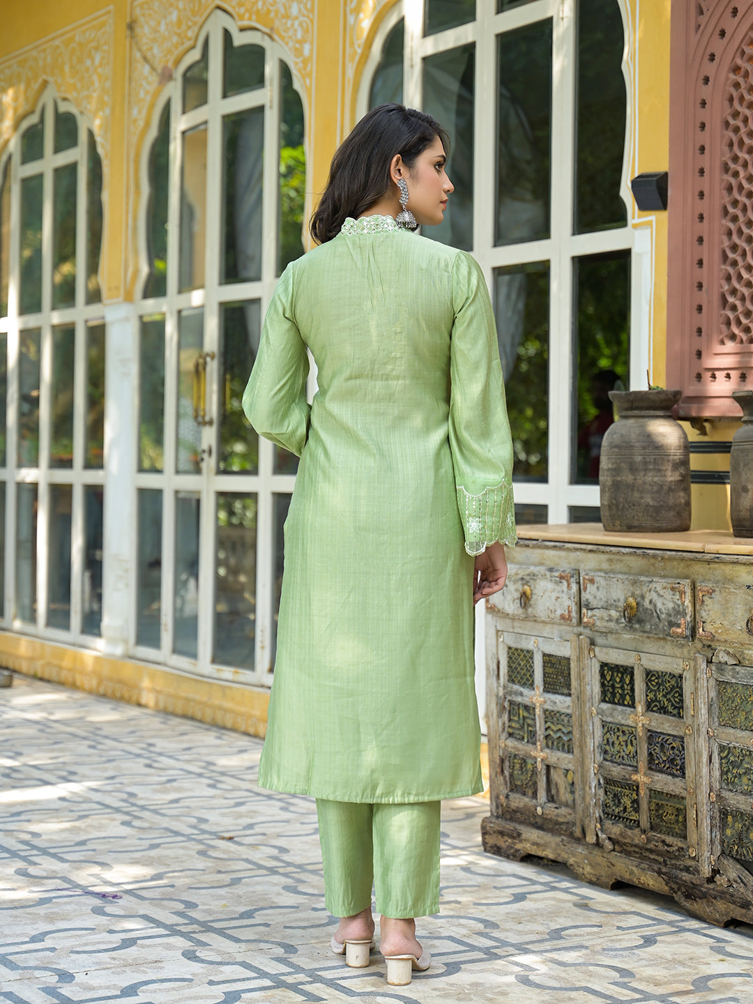 Mint Green Embroidered Pakistani Kurta Set With Embroidered Dupatta - Elganza