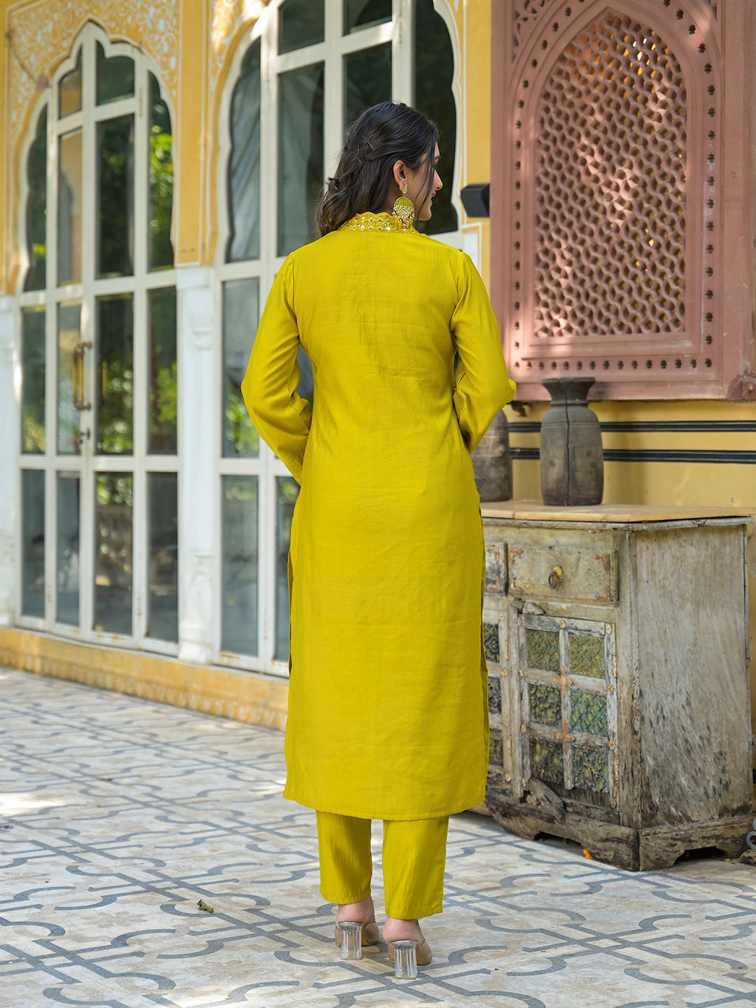 Lime Green Embroidered Pakistani Kurta Set With Embroidered Dupatta - Elganza