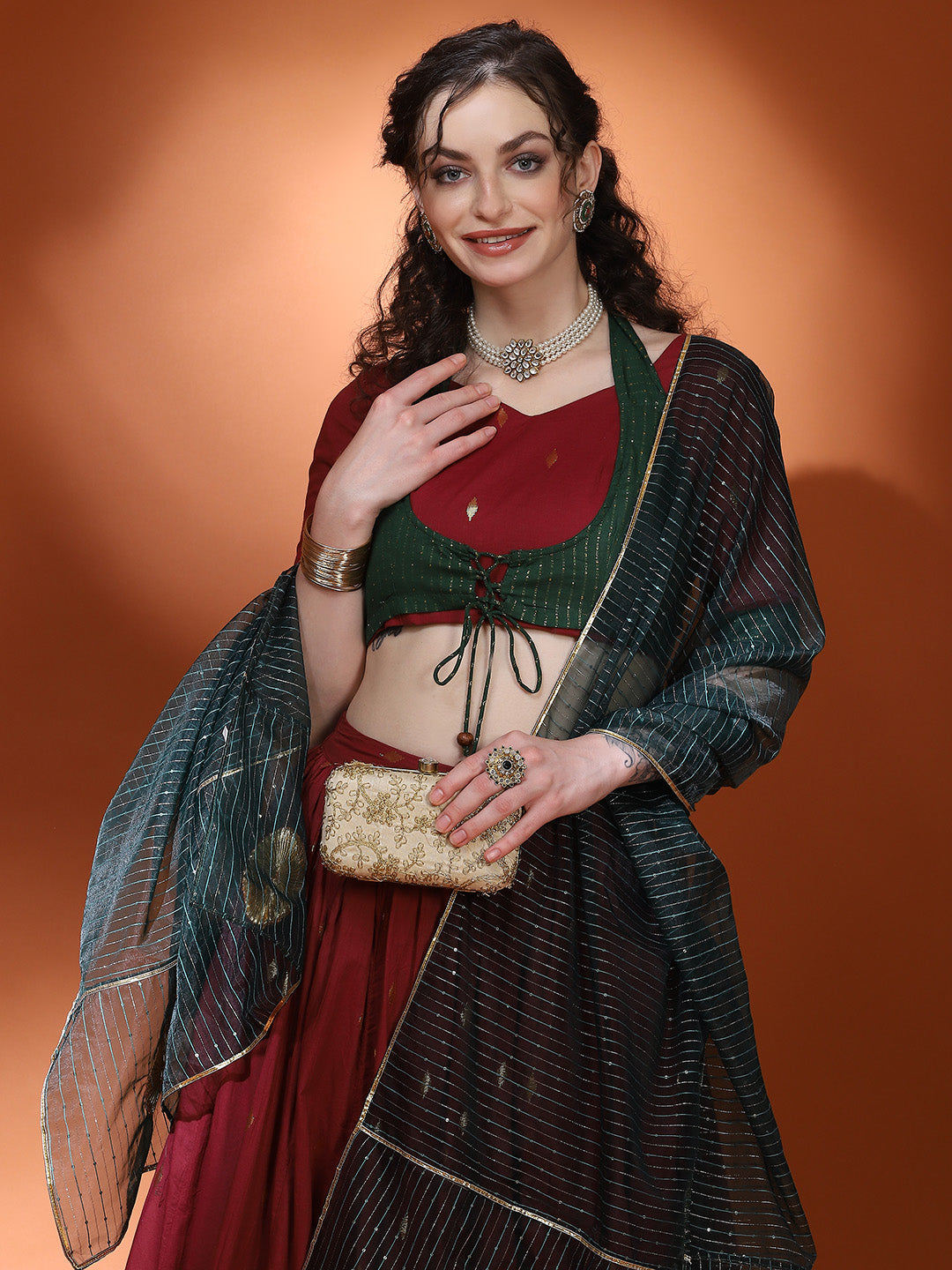 Maroon Woven Designed Lehenga Choli With Dupatta - Elganza