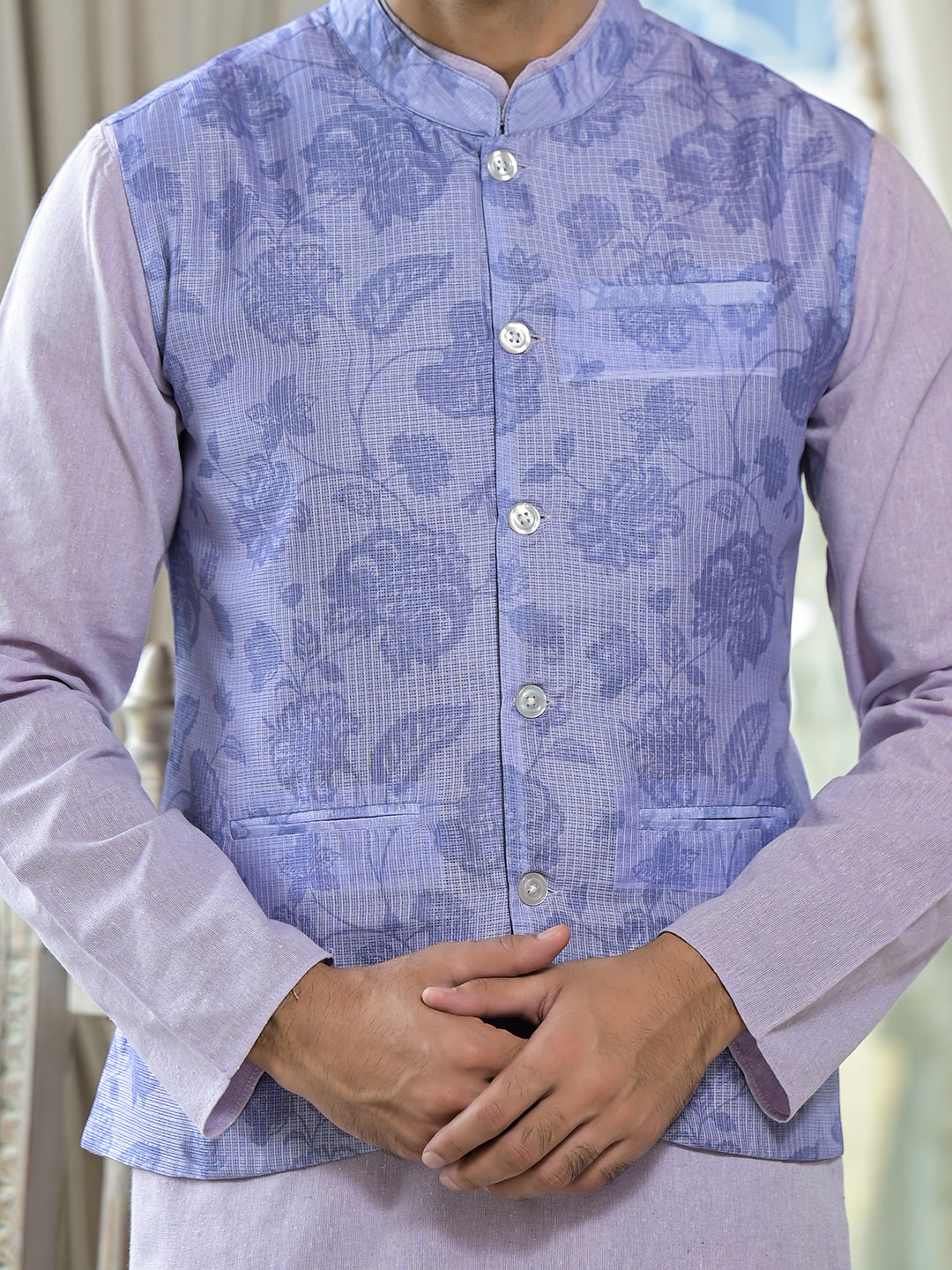 Lilac Color Floral print nehru jacket set - Elganza