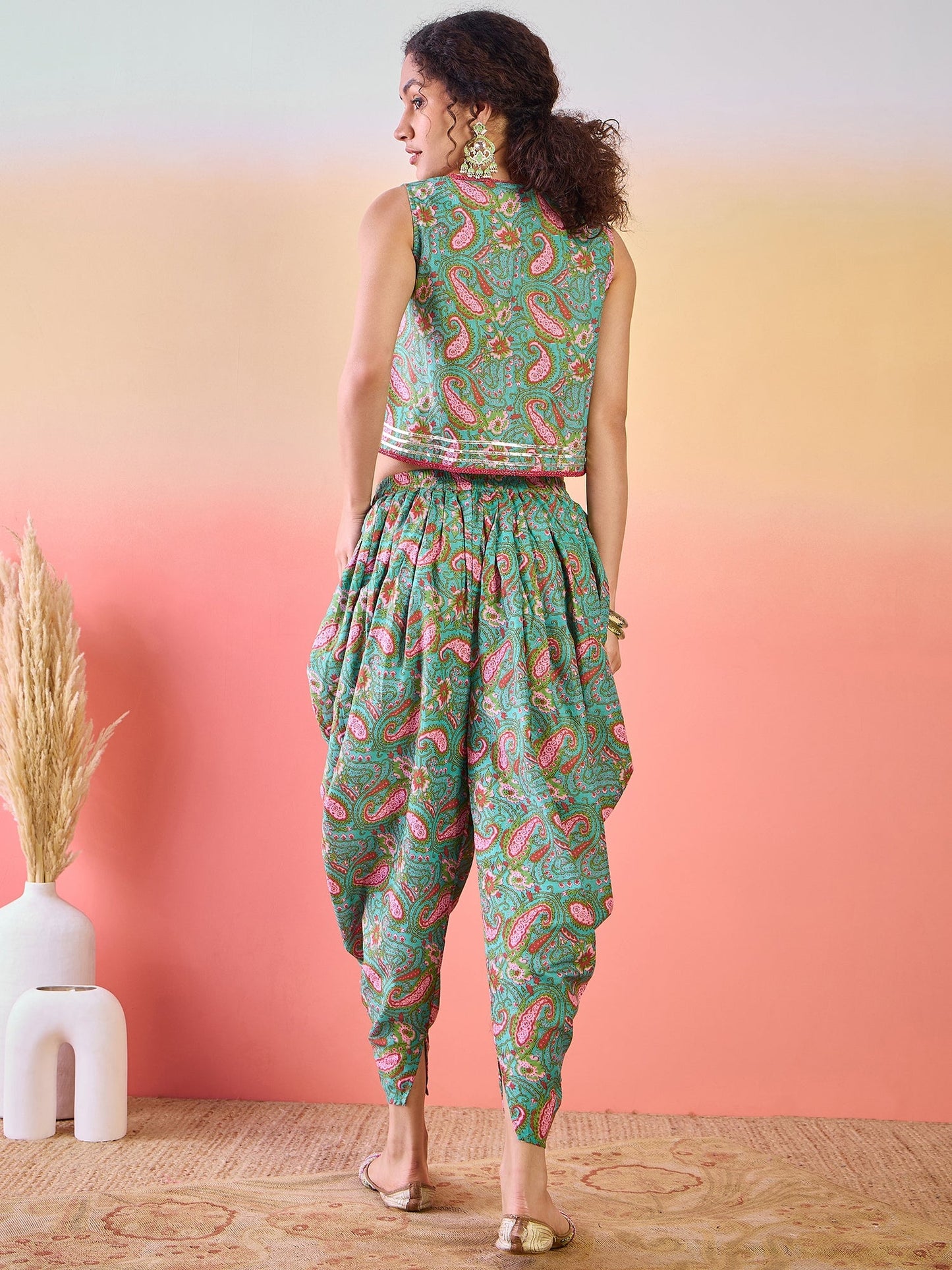 Light Blue Floral Print Dhoti Co-Ord Set With Jacket - Elganza