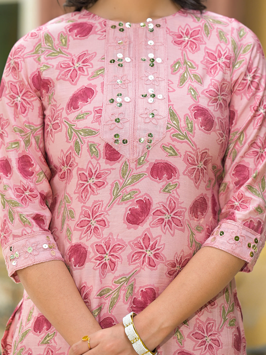 Blush Pink Floral Kurta Set With Dupatta - Elganza